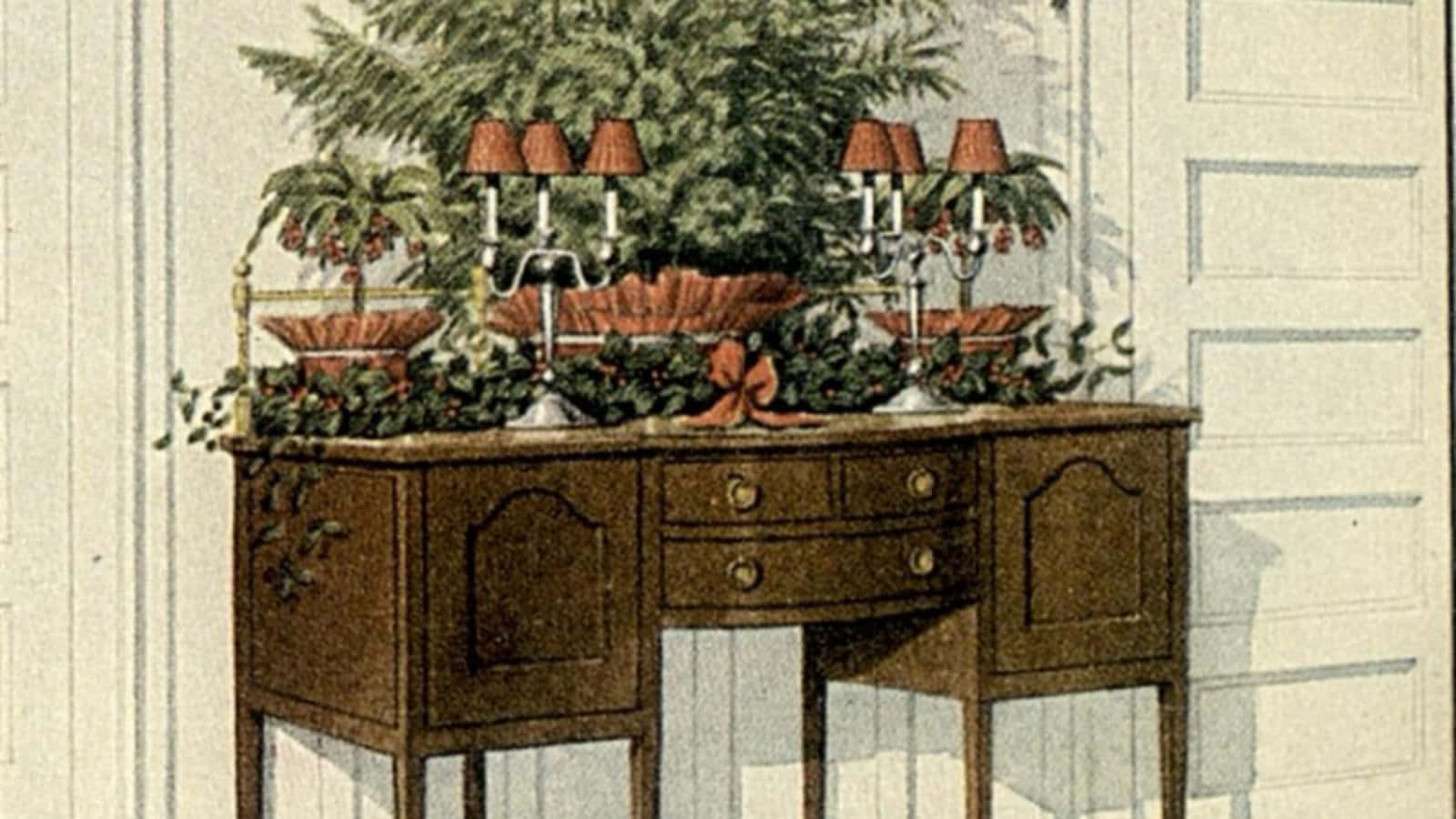 Vintage Christmas Desktop, wooden console table, festive greenery, HD Desktop Wallpaper