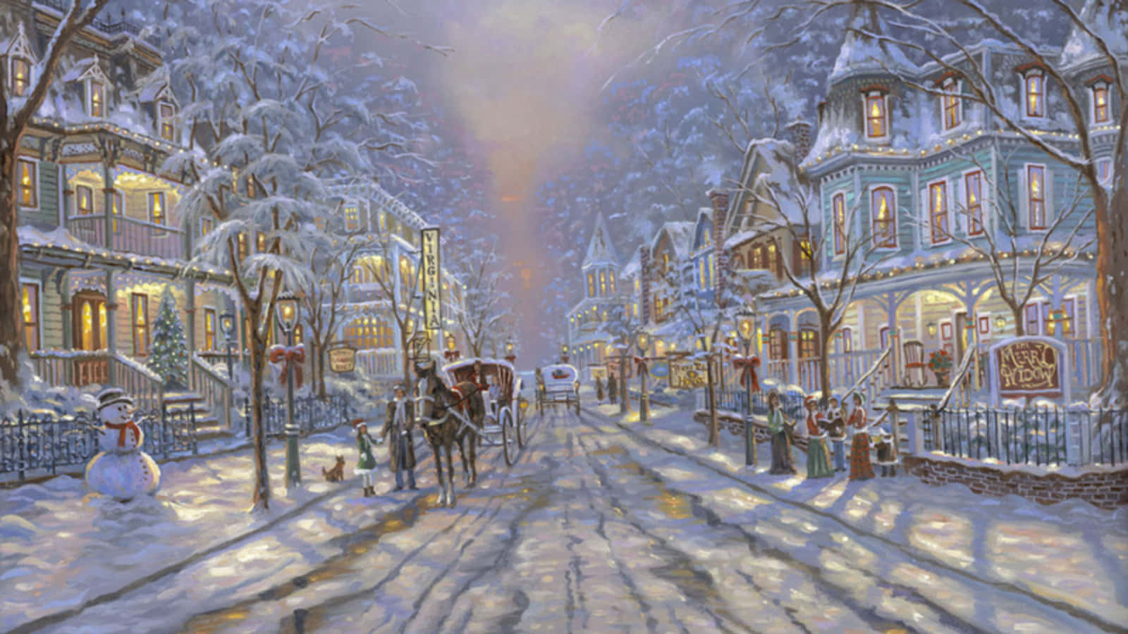 Victorian homes, snowy winter street, horse-drawn carriages, HD Desktop Wallpaper