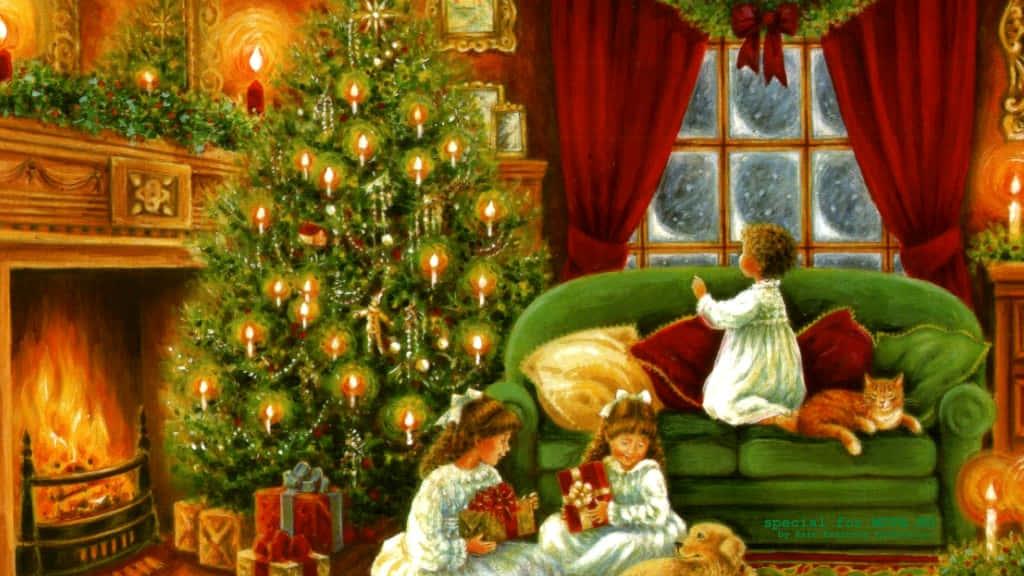 Vintage Christmas Desktop, Christmas tree, fireplace, SD Desktop Wallpaper