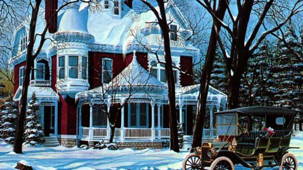 Victorian house, red and white, snow-covered, SD Desktop Wallpaper