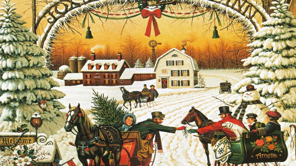 Christmas scene, horses, carriages, SD Desktop Wallpaper