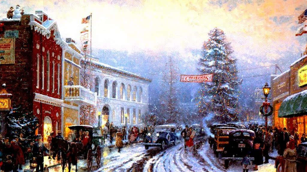 vintage town square, snowy street, horse carriages, SD Desktop Wallpaper