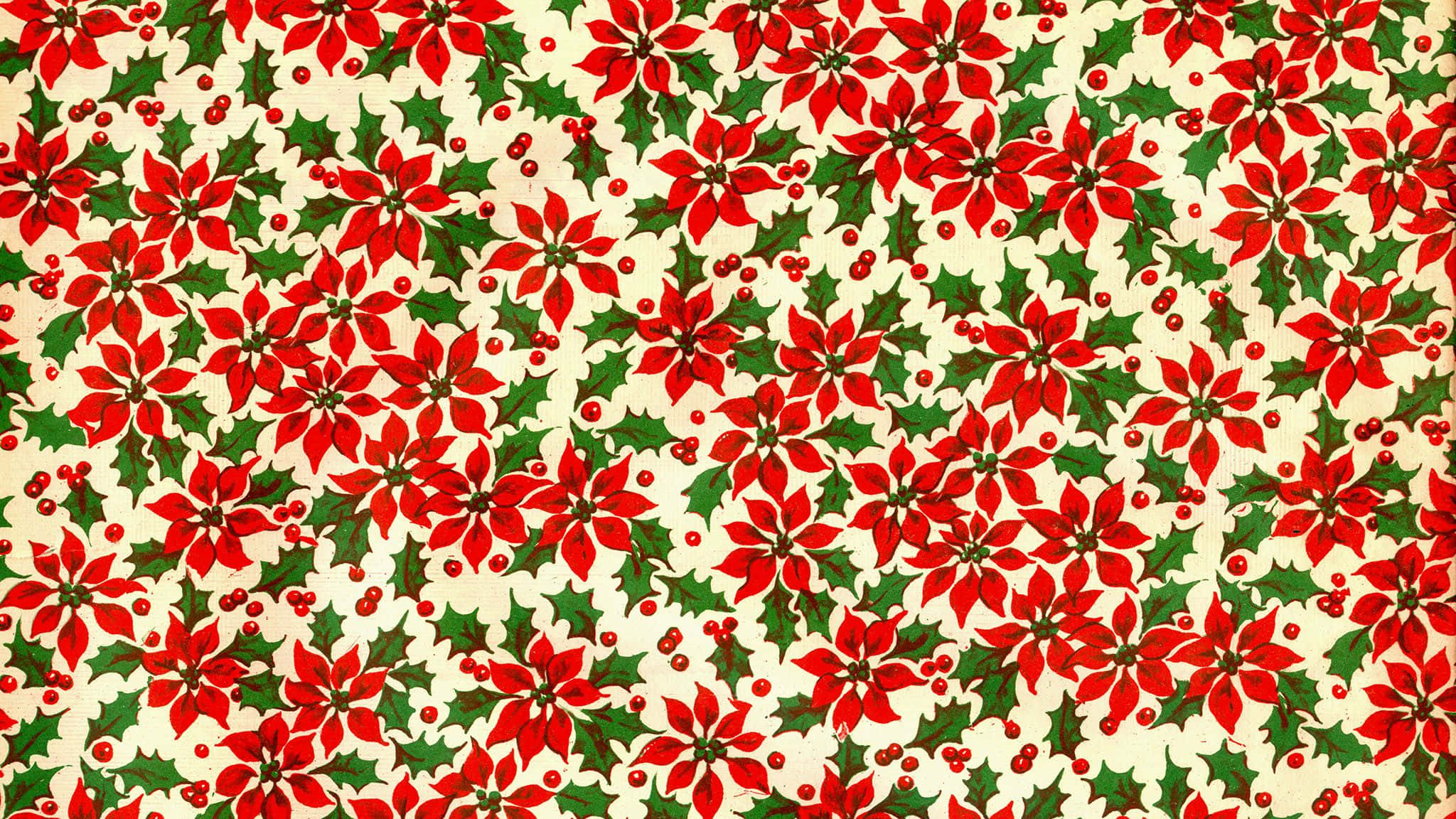 vintage Christmas Desktop, vibrant red poinsettias, green holly leaves, Full HD Desktop Wallpaper