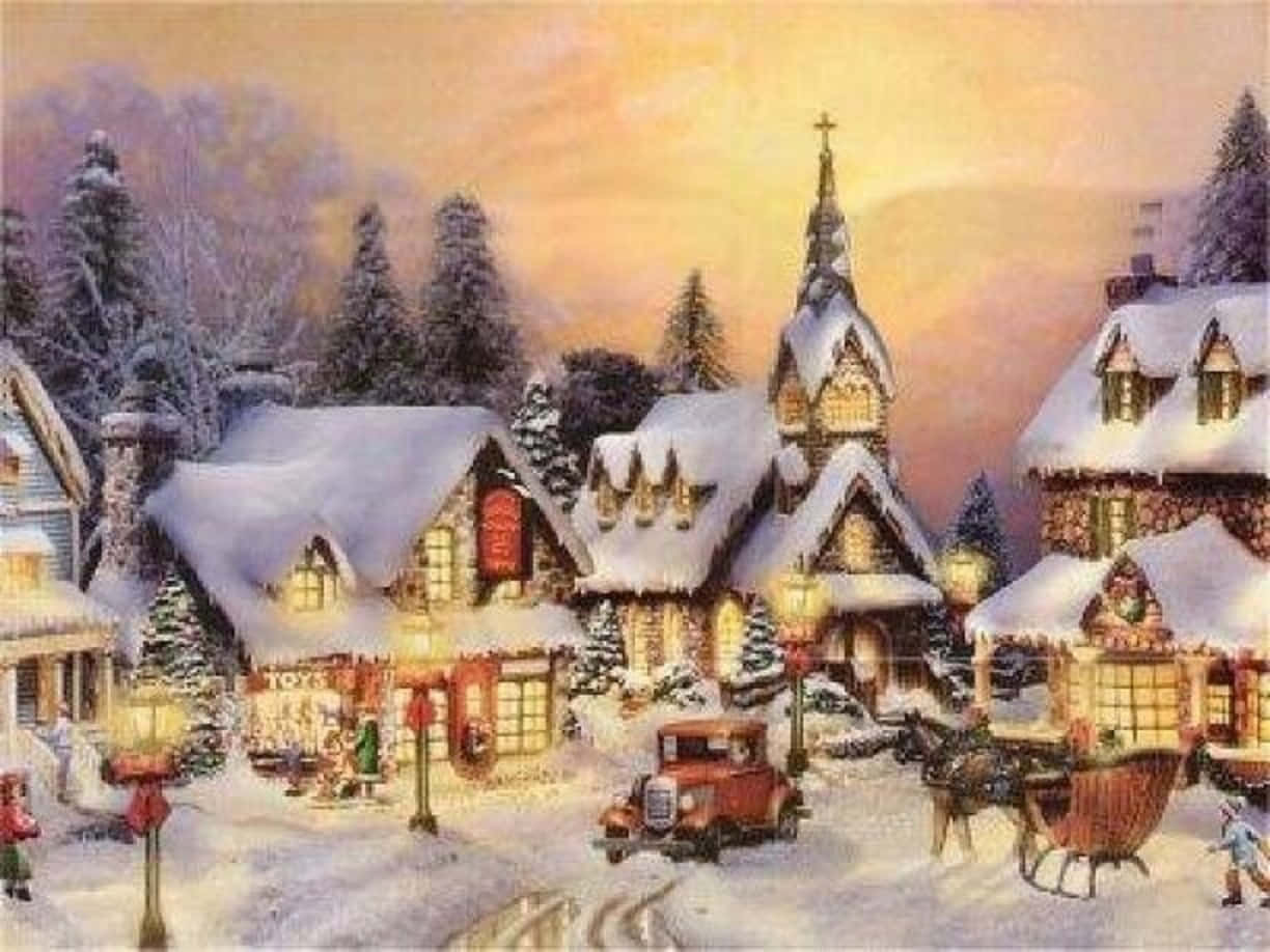 Christmas village, horses and carriages, snow-covered village, SD Desktop Wallpaper