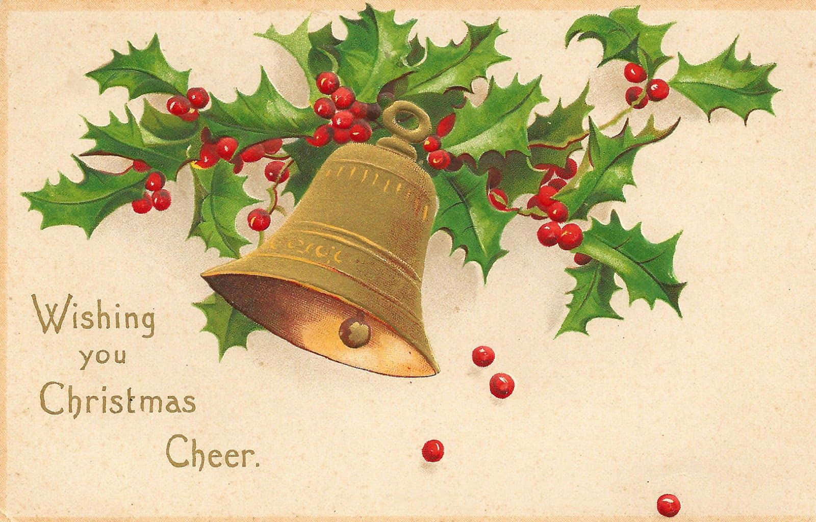 Vintage Christmas Desktop, golden bell, green holly leaves, HD Desktop Wallpaper