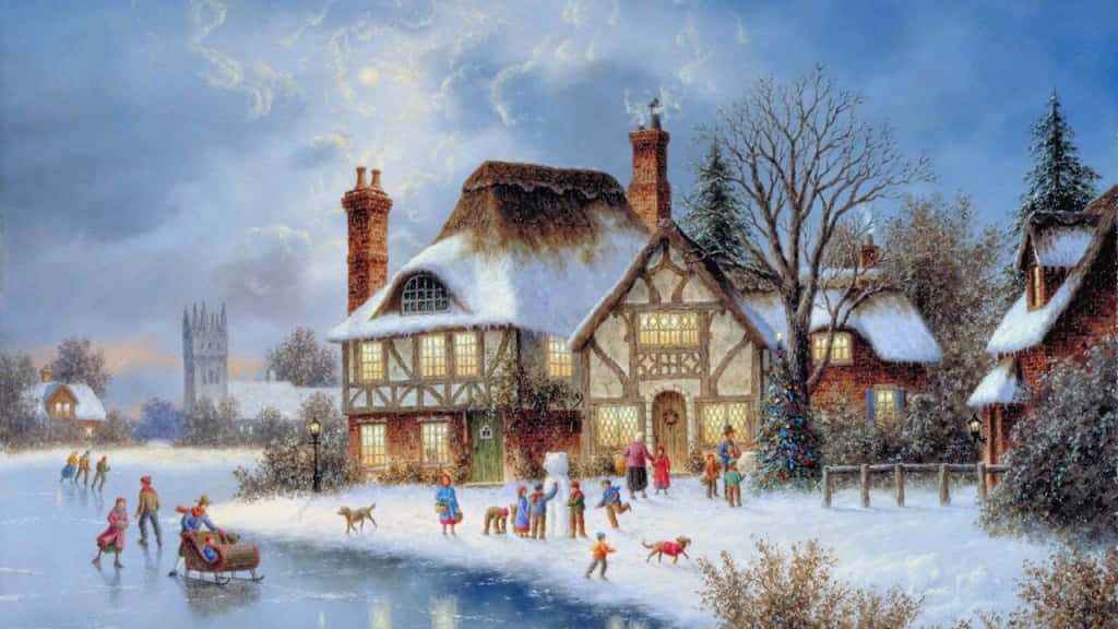 Vintage Christmas Desktop, frozen pond, snow-covered thatched cottages, SD Desktop Wallpaper