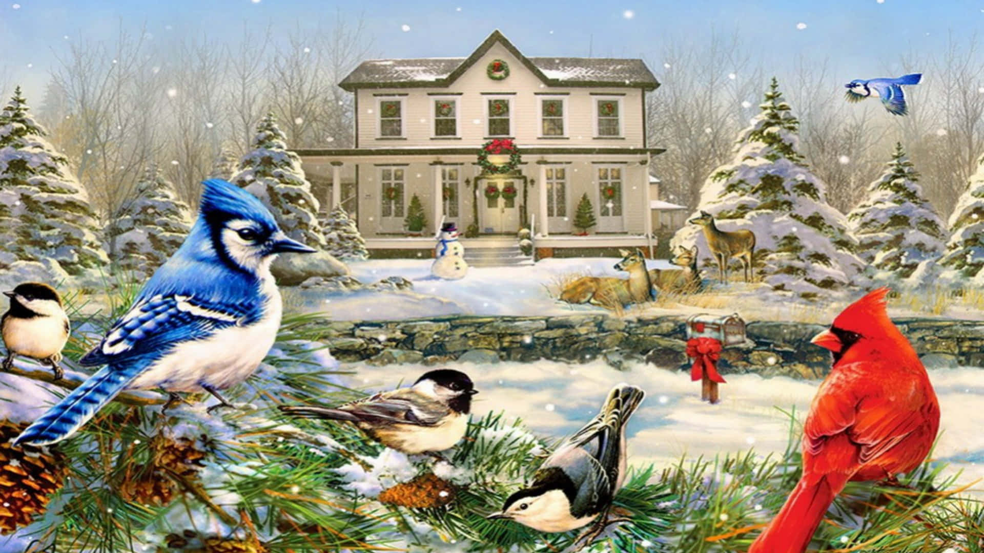 Vintage Christmas Desktop, snowy winter scene, festive house, Full HD Desktop Wallpaper