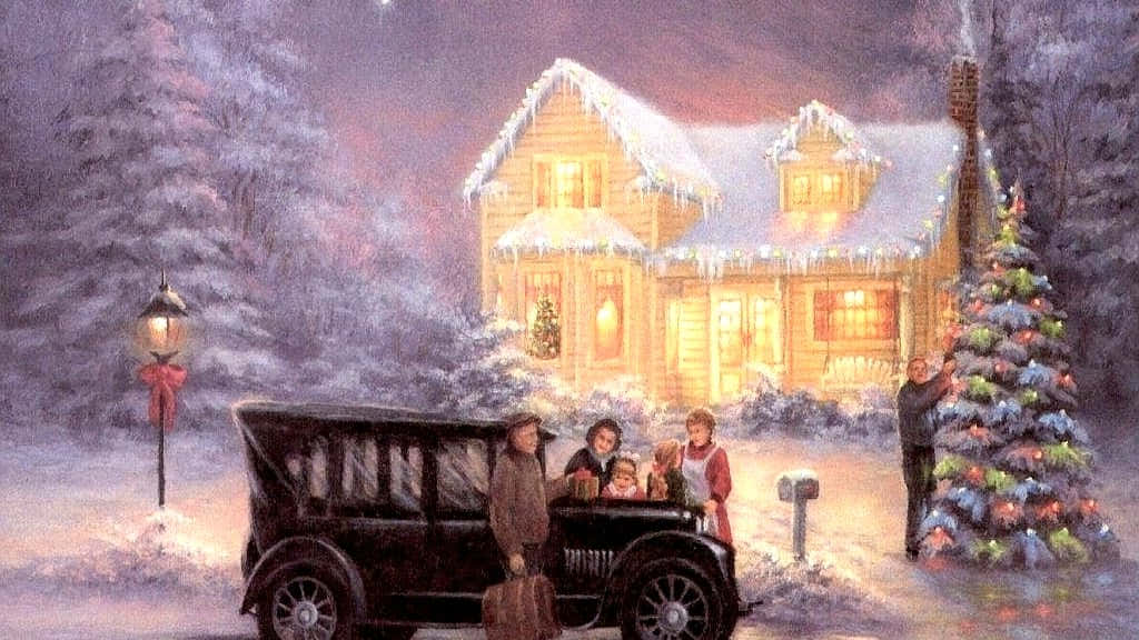 vintage car, snow-covered house, icicles, SD Desktop Wallpaper