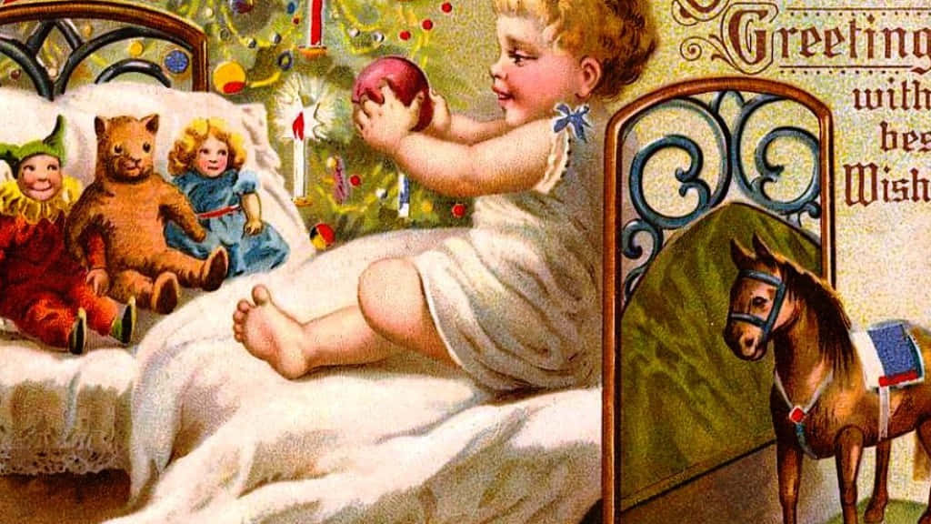 vintage Christmas desktop, child in bed, toys, SD Desktop Wallpaper
