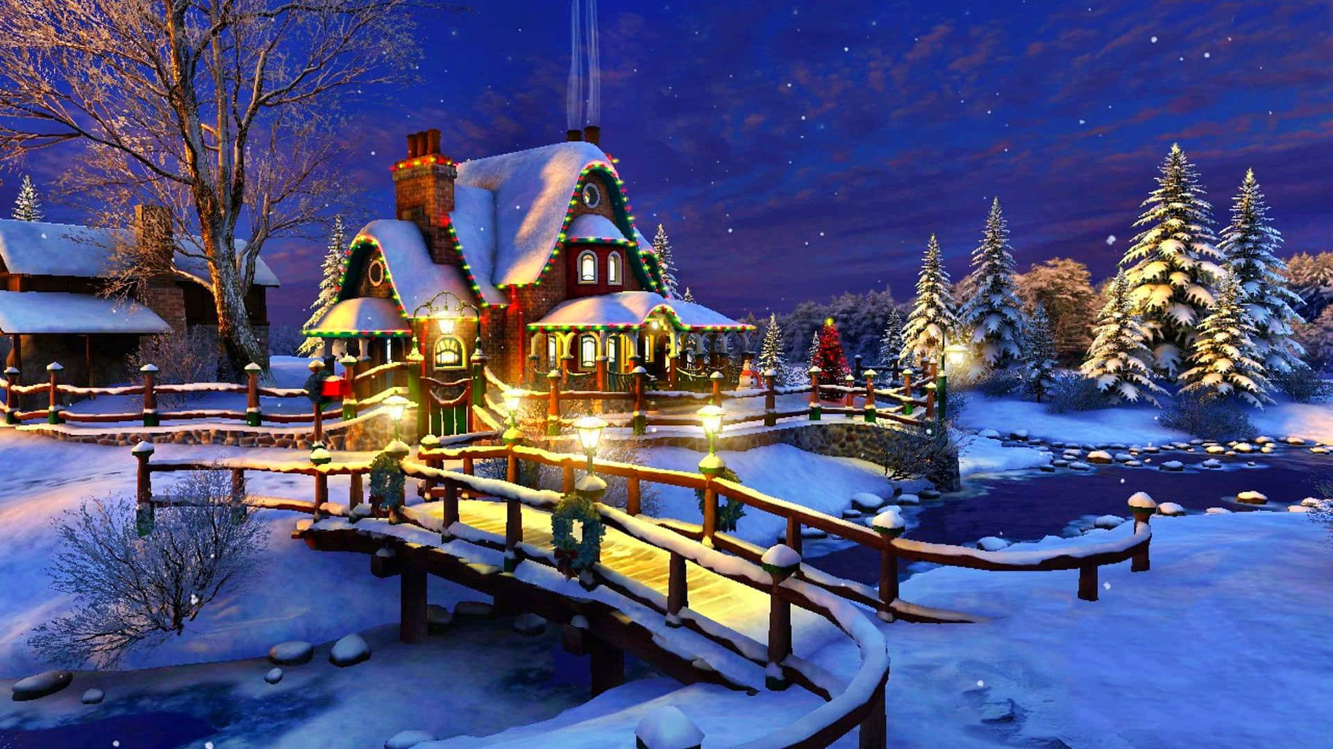 vintage Christmas desktop, snow-covered cottage, glowing lights, Full HD Desktop Wallpaper
