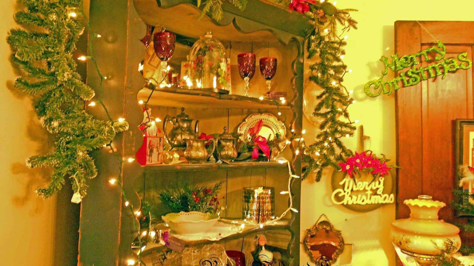 Vintage Christmas Desktop, Christmas garlands, string lights, HD Desktop Wallpaper