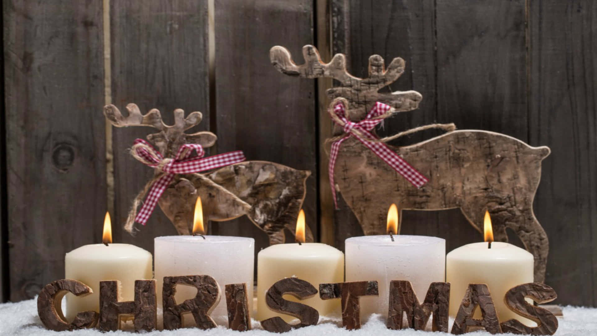 Vintage Christmas Desktop, burning candles, wooden reindeer, Full HD Desktop Wallpaper