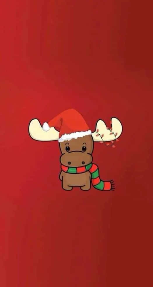 funny Christmas iPhone, cartoon moose, red Santa hat, SD Phone Wallpaper