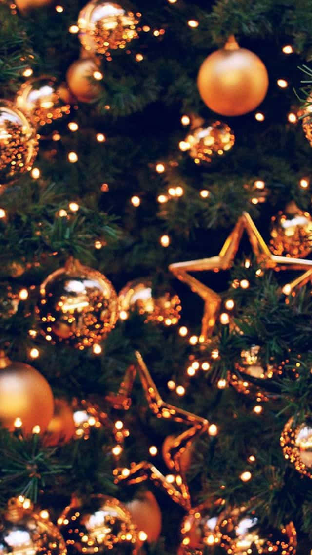 golden ornaments, twinkling fairy lights, Christmas tree, SD Phone Wallpaper