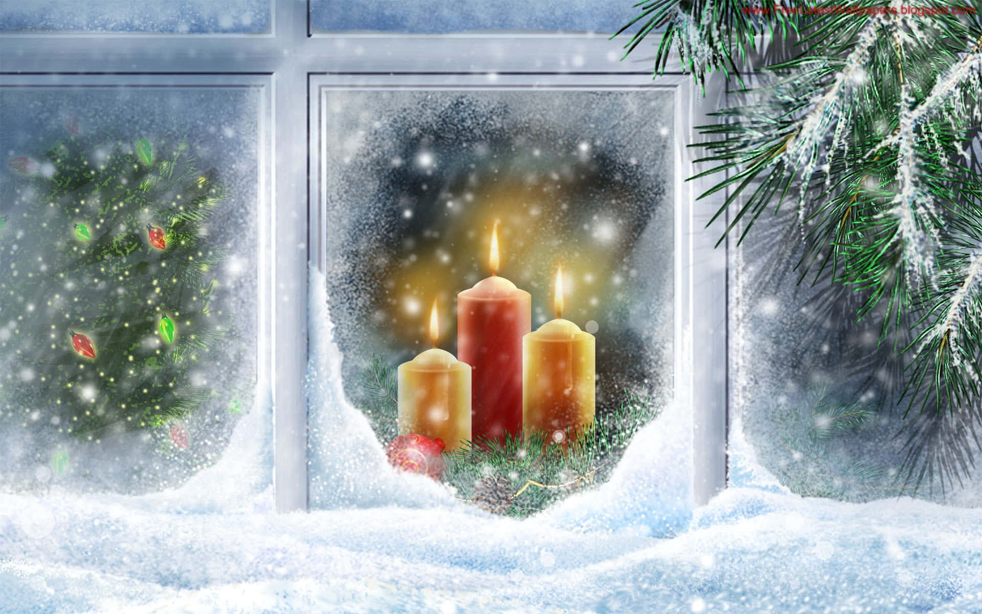 snowy windowsill, frosted window, lit candles, Full HD Desktop Wallpaper