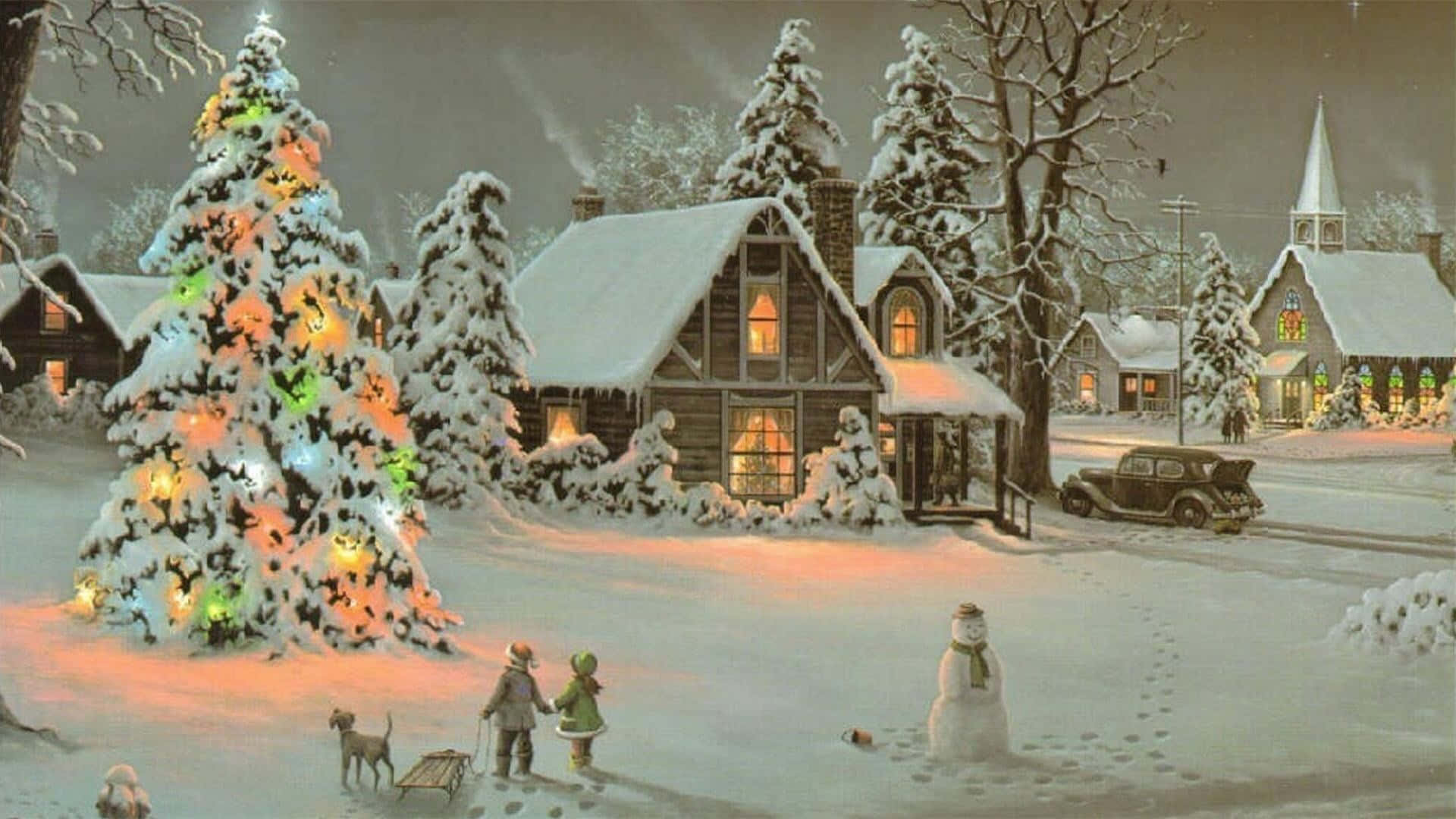 Snowy Vintage Christmas, snowy village, night, Full HD Desktop Wallpaper