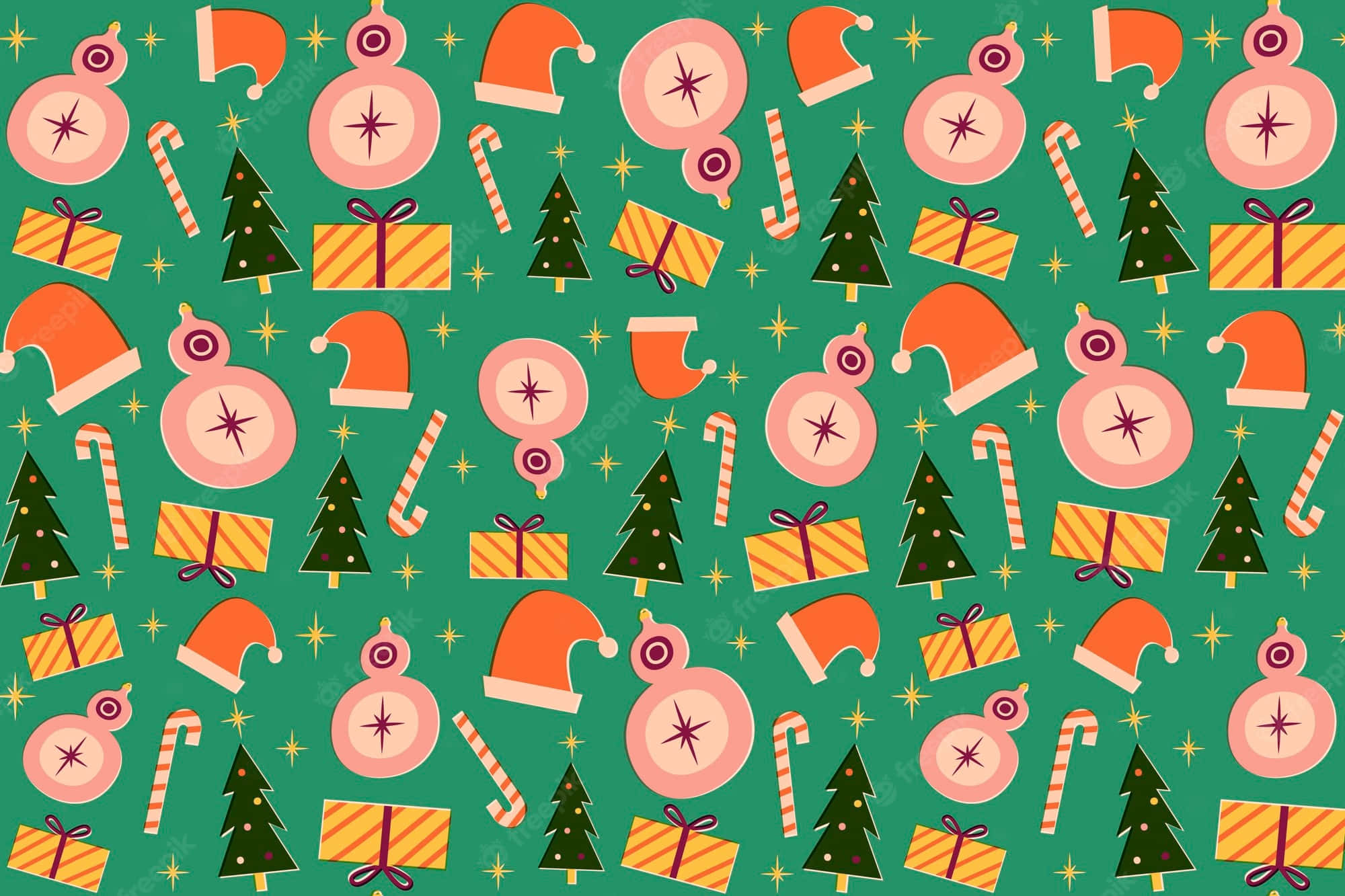 vintage Christmas, green wallpaper, pink snowmen, Full HD Desktop Wallpaper