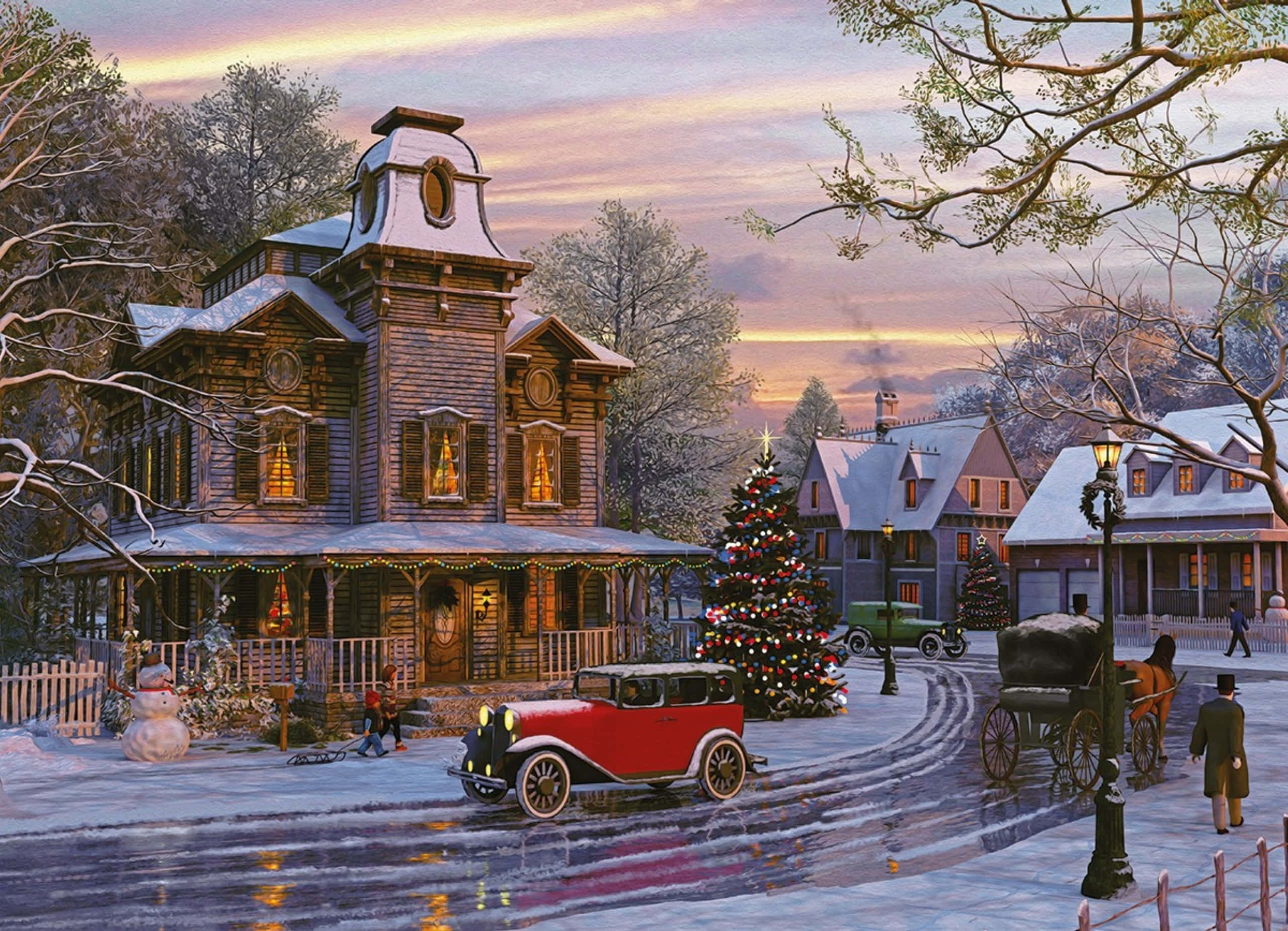 vintage red car, snow-dusted Victorian home, Christmas lights, 2K Desktop Wallpaper
