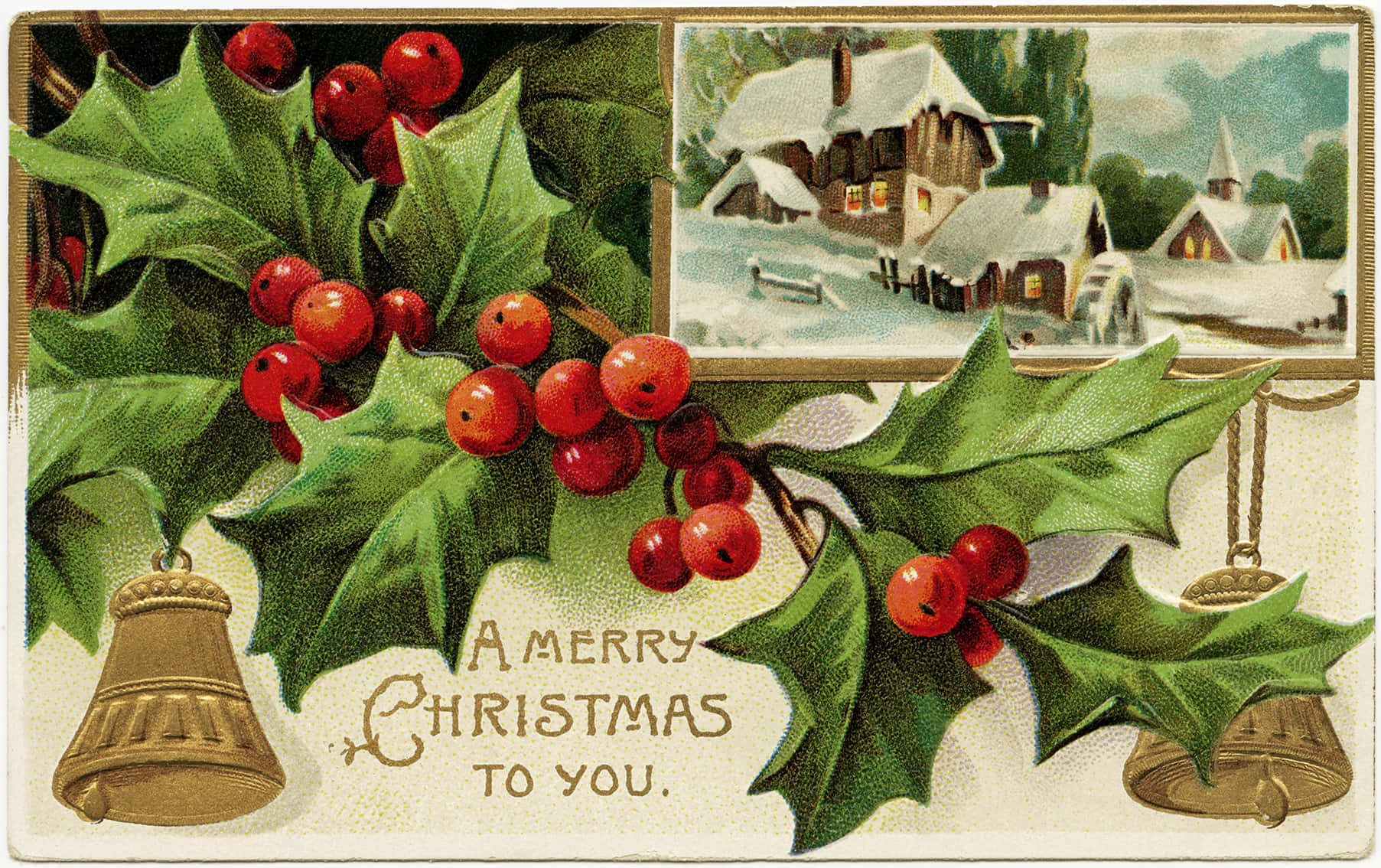 vintage Christmas, holly berries, snowy village, HD Desktop Wallpaper