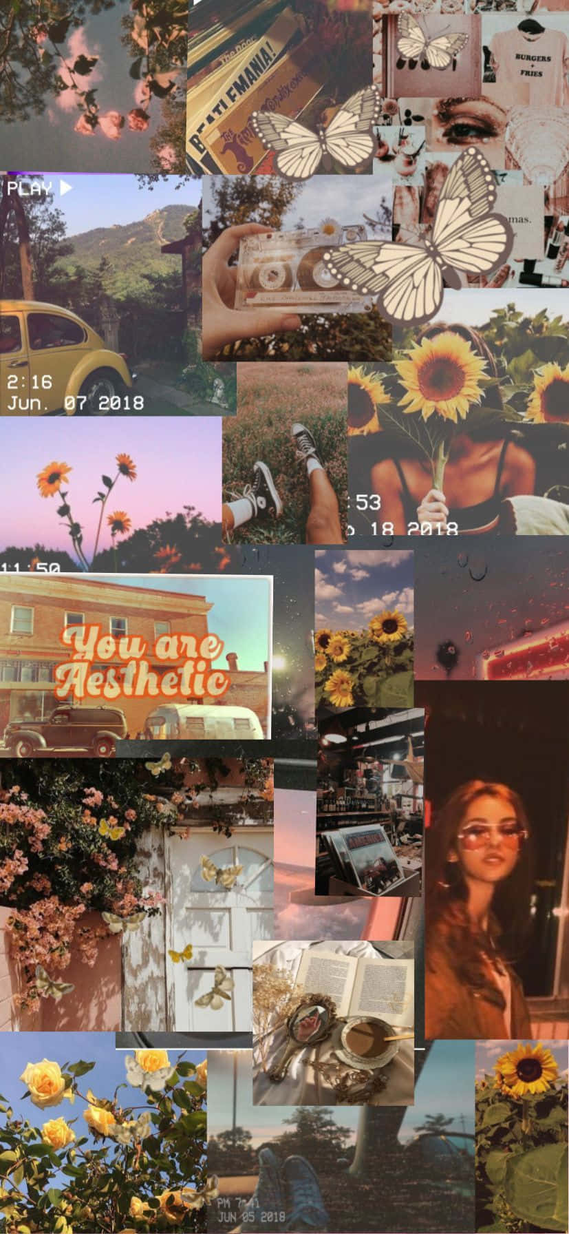 vintage collage, sunflowers, vintage cars, HD Phone Wallpaper