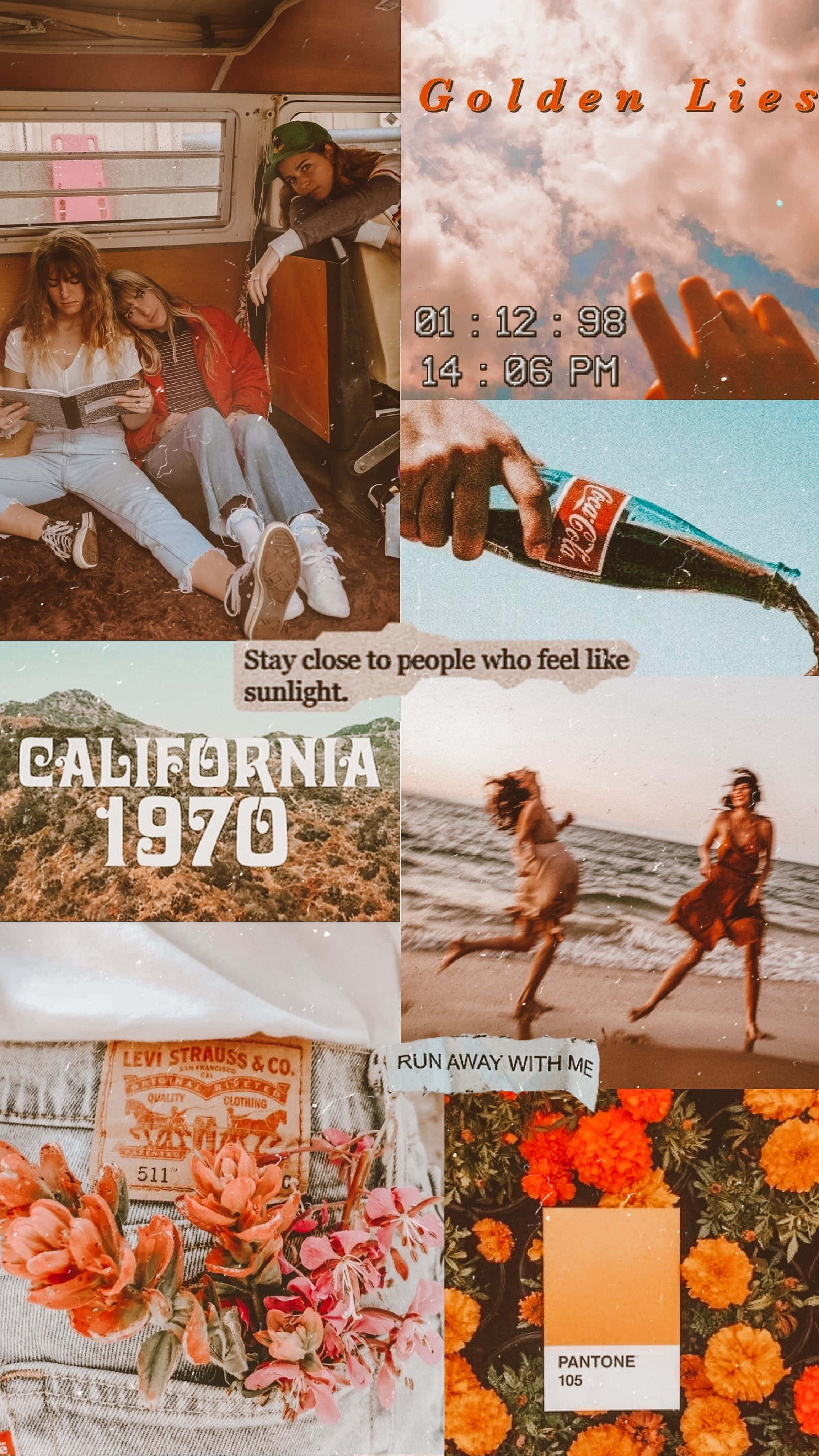 1970s California, people reading on a bus, beach running, 4K Phone Wallpaper