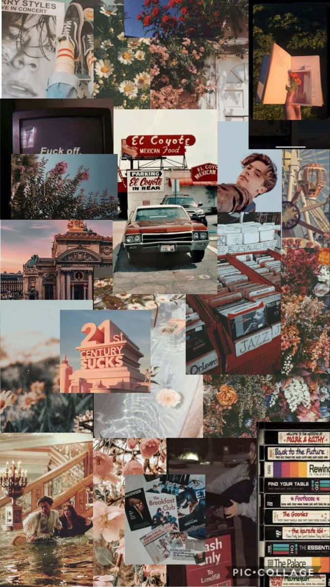 vintage collage, vintage cars, flowers, SD Phone Wallpaper