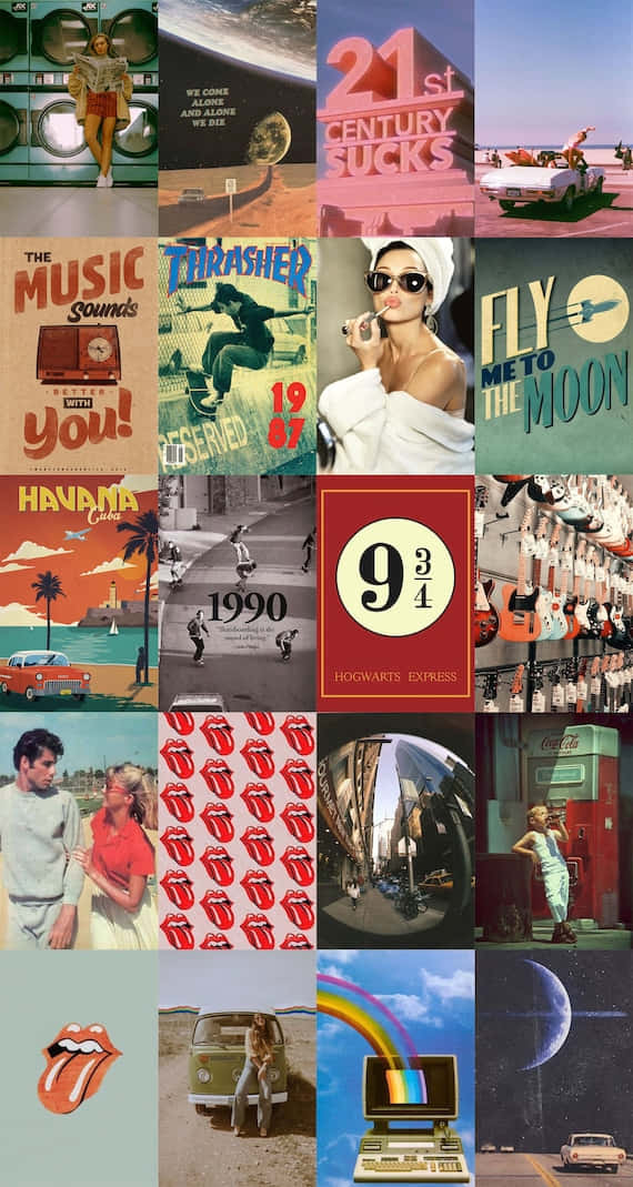 Vintage Collage, retro pop culture icons, vintage cars, SD Phone Wallpaper