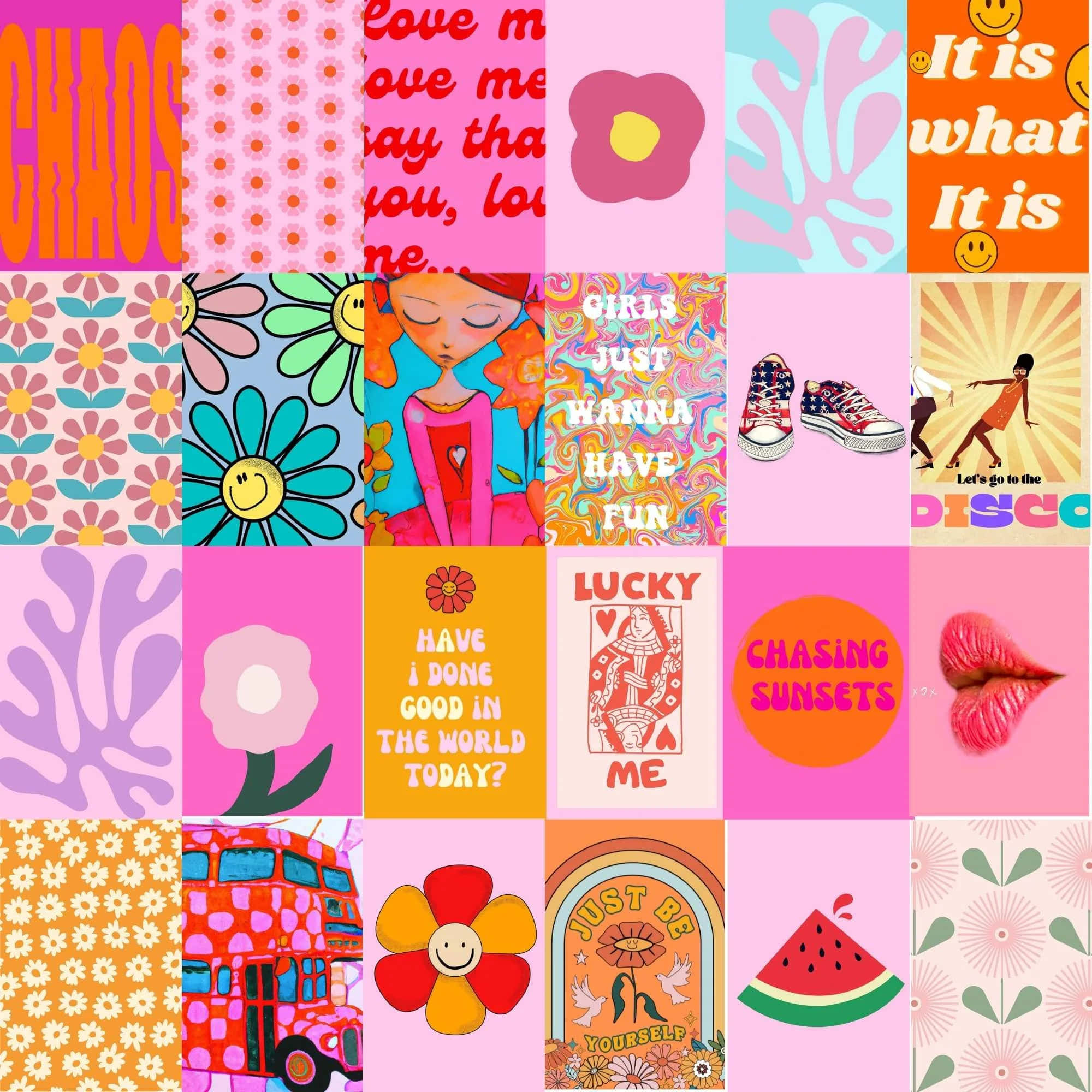 colorful retro collage aesthetic, smiley faces, flowers, Full HD Desktop Wallpaper