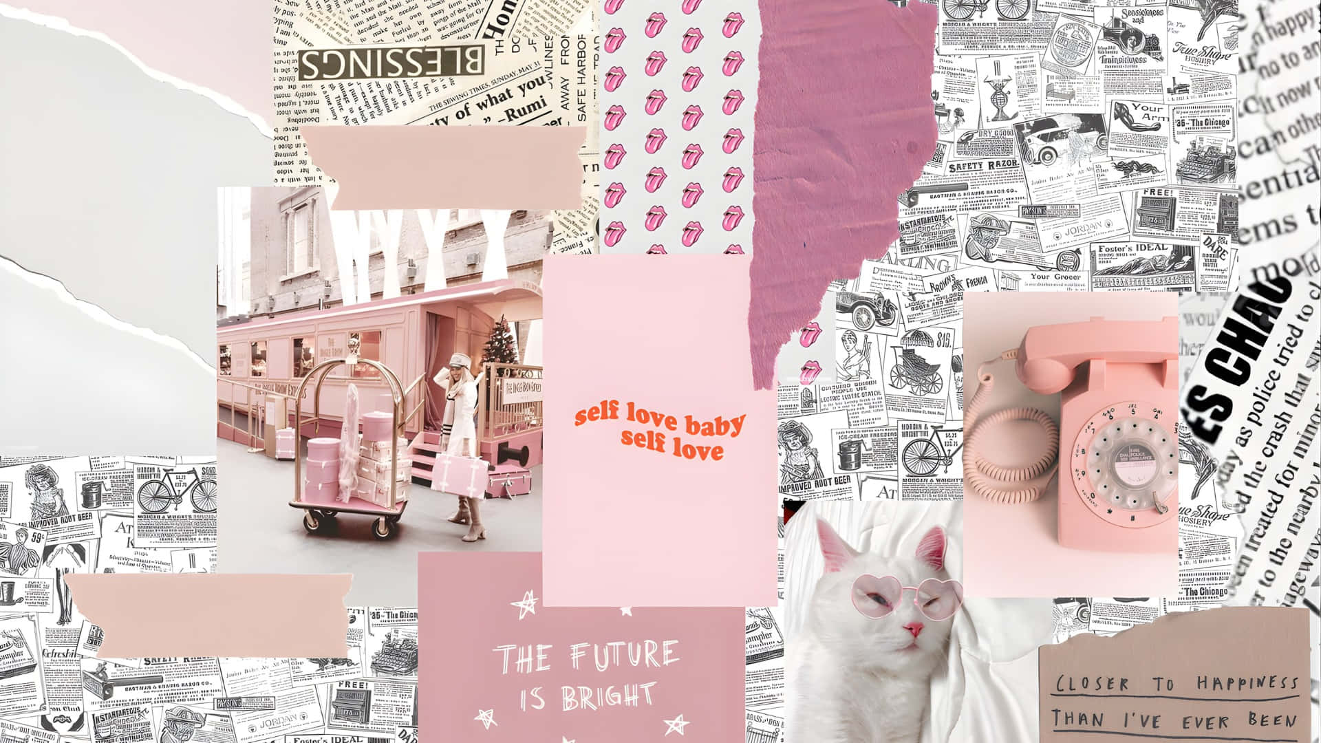 pink, black-and-white, cat, Full HD Desktop Wallpaper
