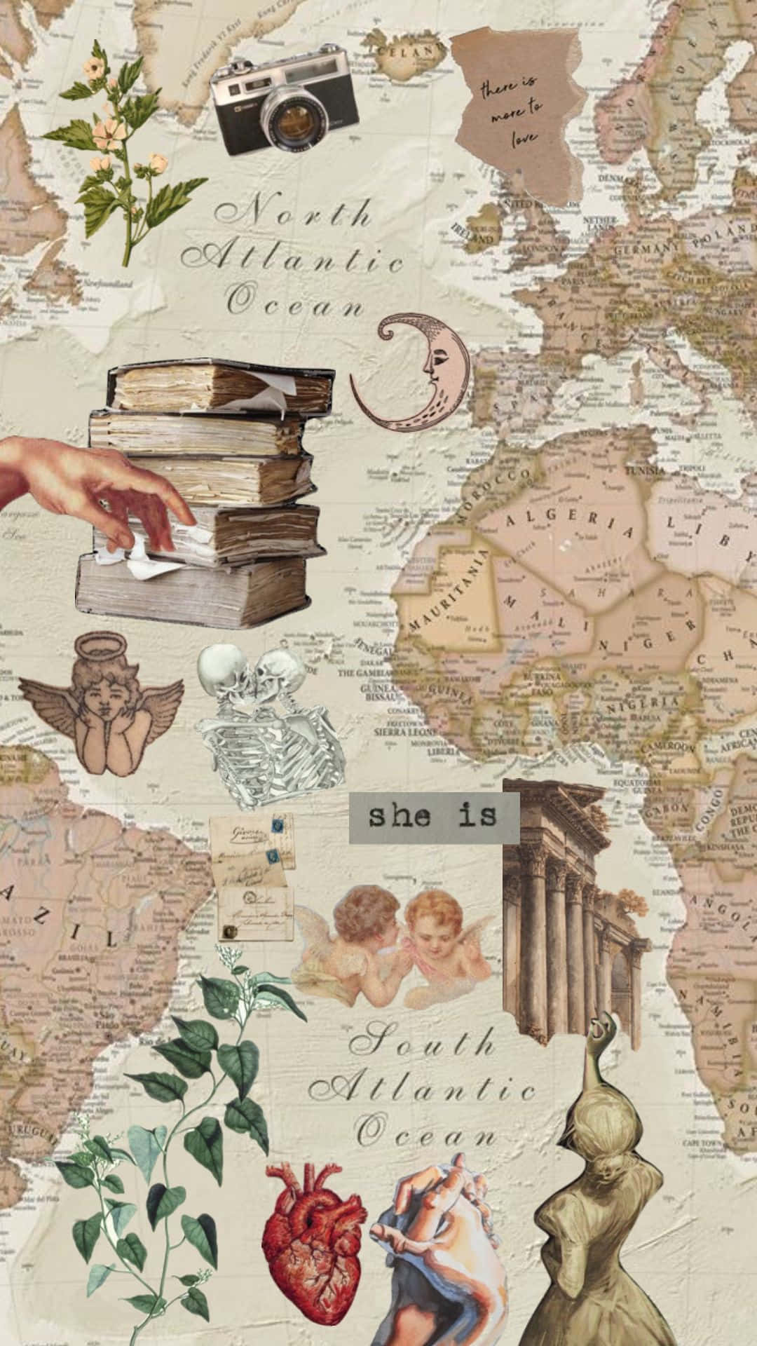 Vintage Collage, world map, aged parchment, Full HD Phone Wallpaper