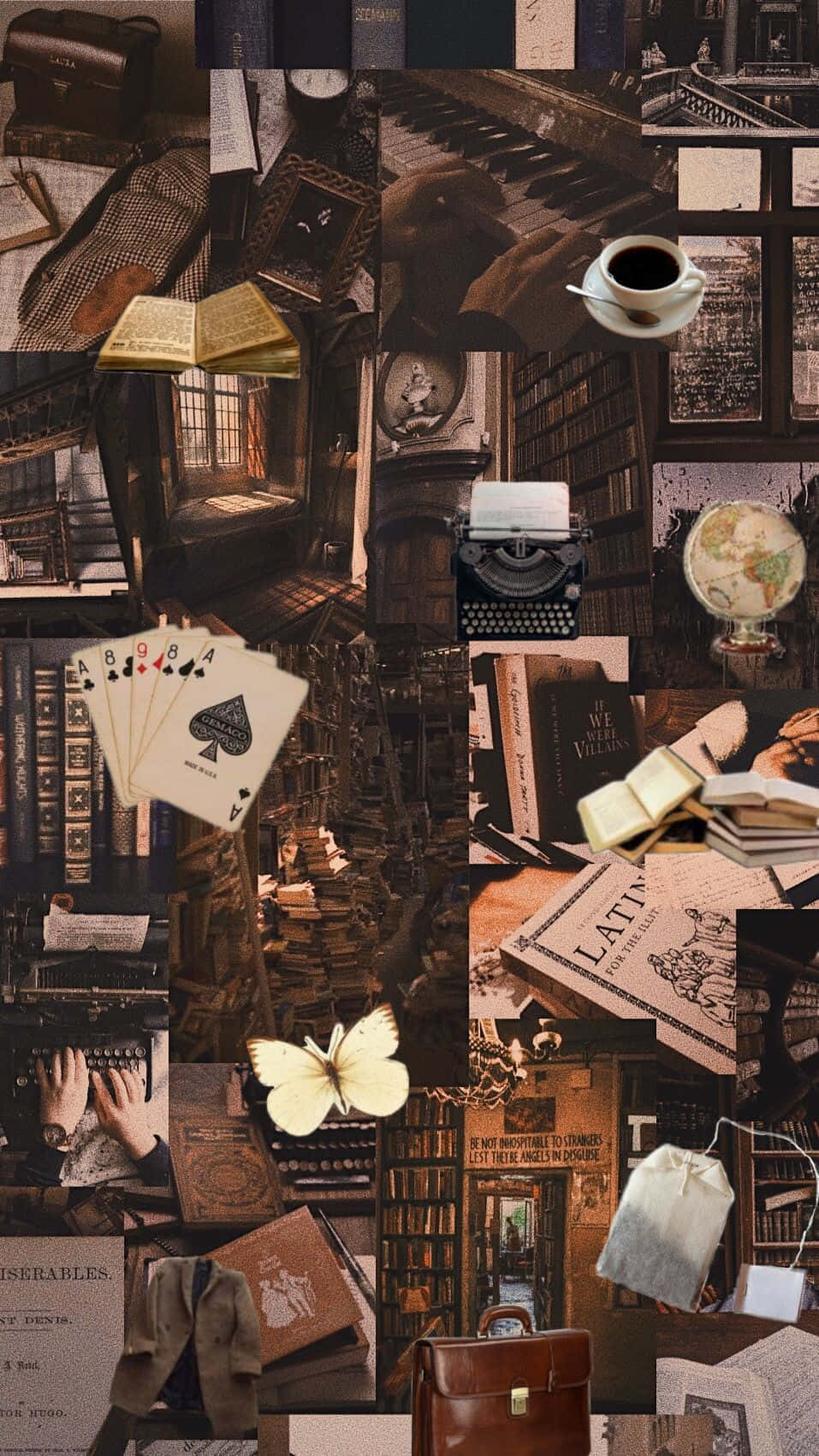 sepia-toned library scenes, books, typewriters, HD Phone Wallpaper