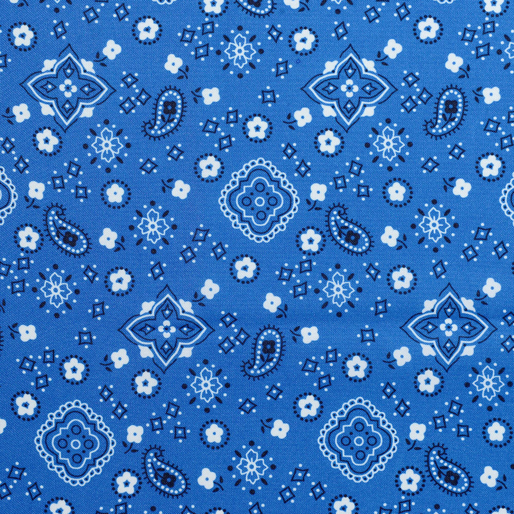Classic Blue Bandana, vibrant blue fabric, white and dark blue paisley floral geometric patterns, SD Desktop Wallpaper