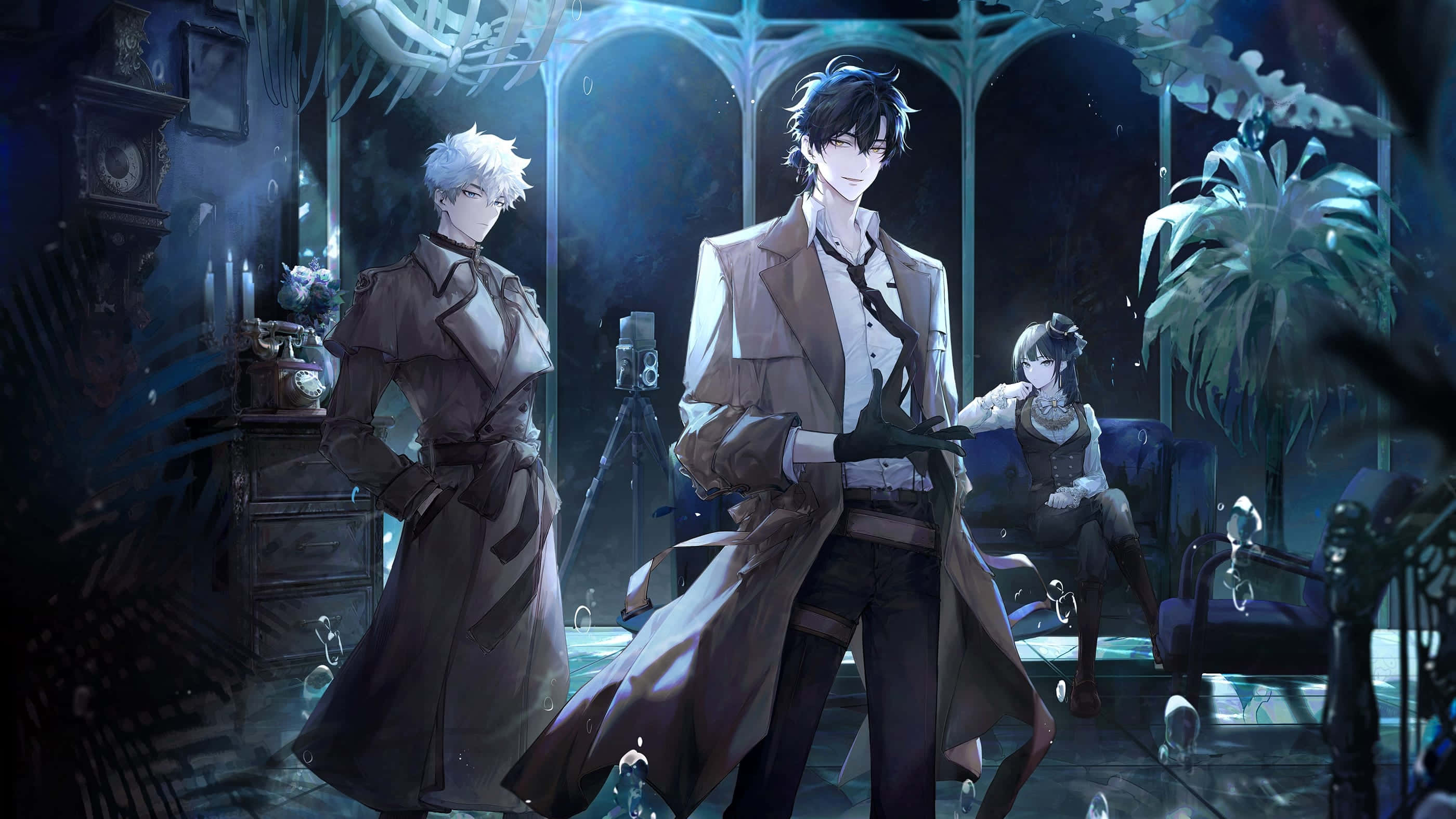 mysterious noir teamin blue hues, anime characters, trench coats, 2K Desktop Wallpaper