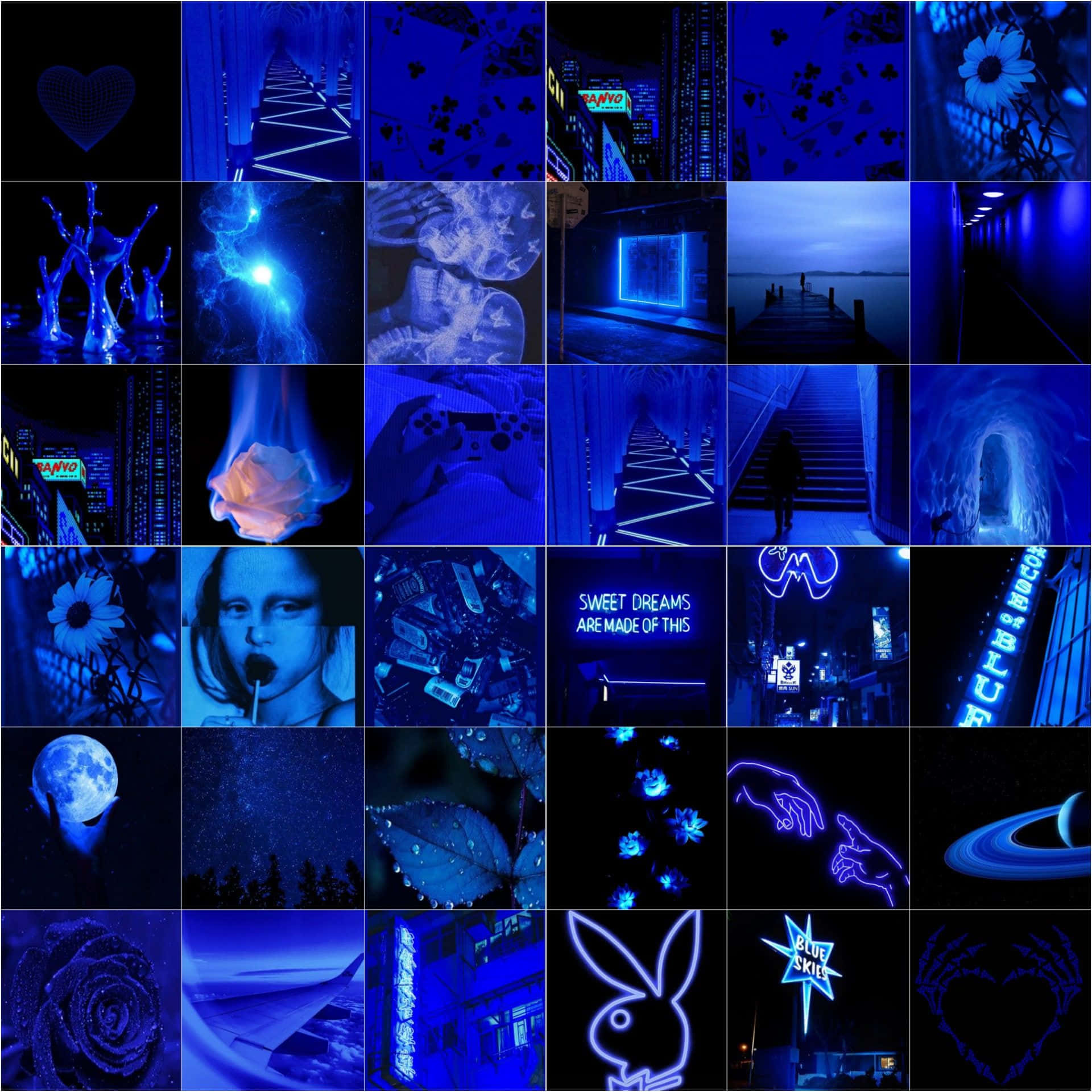 Vintage Dark Blue Collage Aesthetic, neon signs, glowing roses, Full HD Desktop Wallpaper