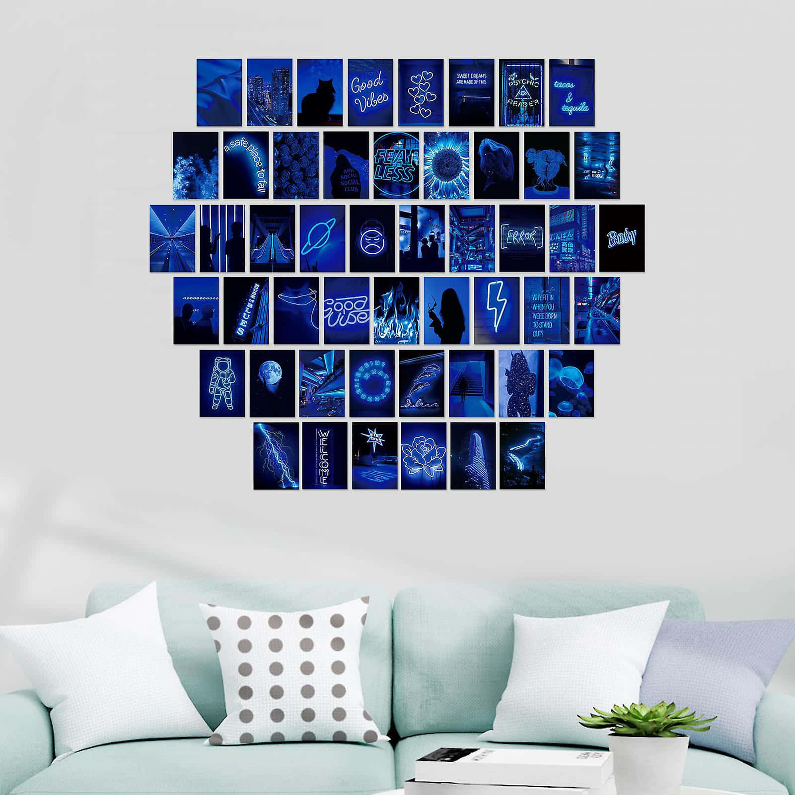 blue-toned neon art tiles, cosmic and motivational themes, light teal sofa, HD Desktop Wallpaper