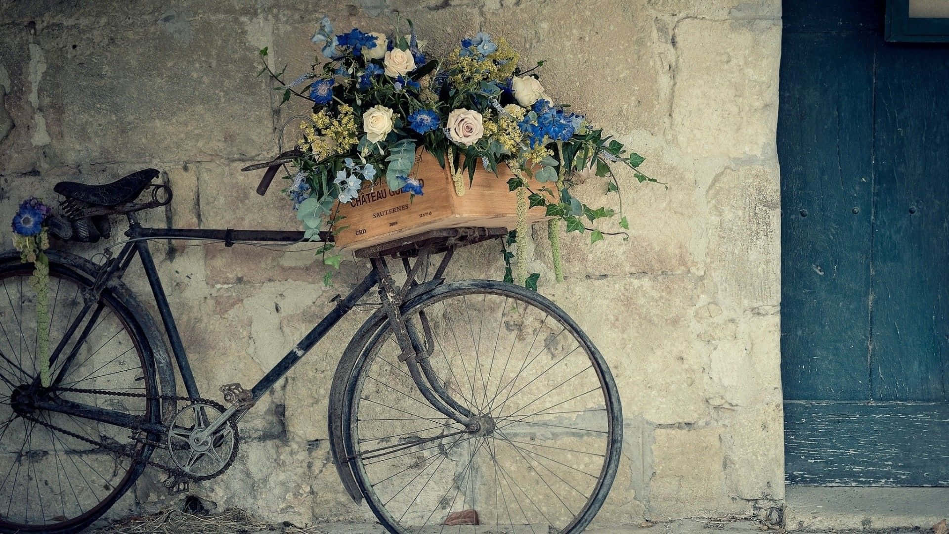 Vintage Desktop Basket Bike, wooden crate, blue and white flowers, Full HD Desktop Wallpaper