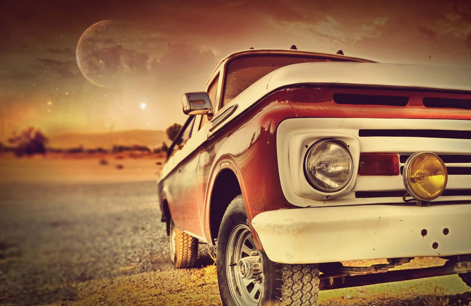 vintage red and white pickup truck, gravel road, surreal sunset, Full HD Desktop Wallpaper
