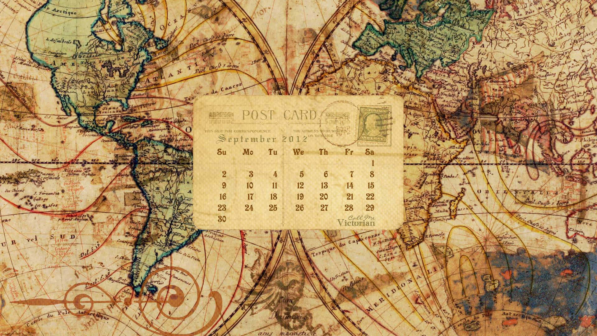 Vintage Desktop Post Card Calendar, September 2012, ornate antique world map, Full HD Desktop Wallpaper
