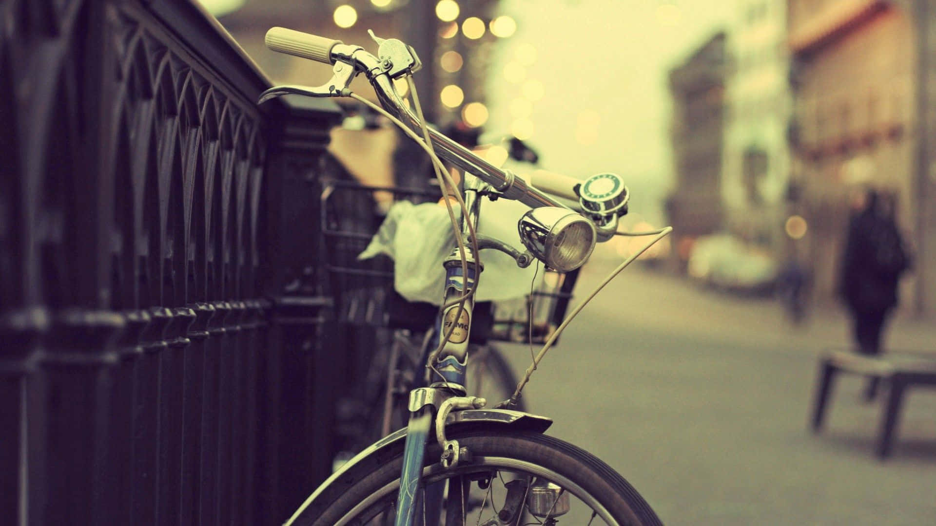Vintage Desktop Bike, ornate black fence, misty city street, Full HD Desktop Wallpaper