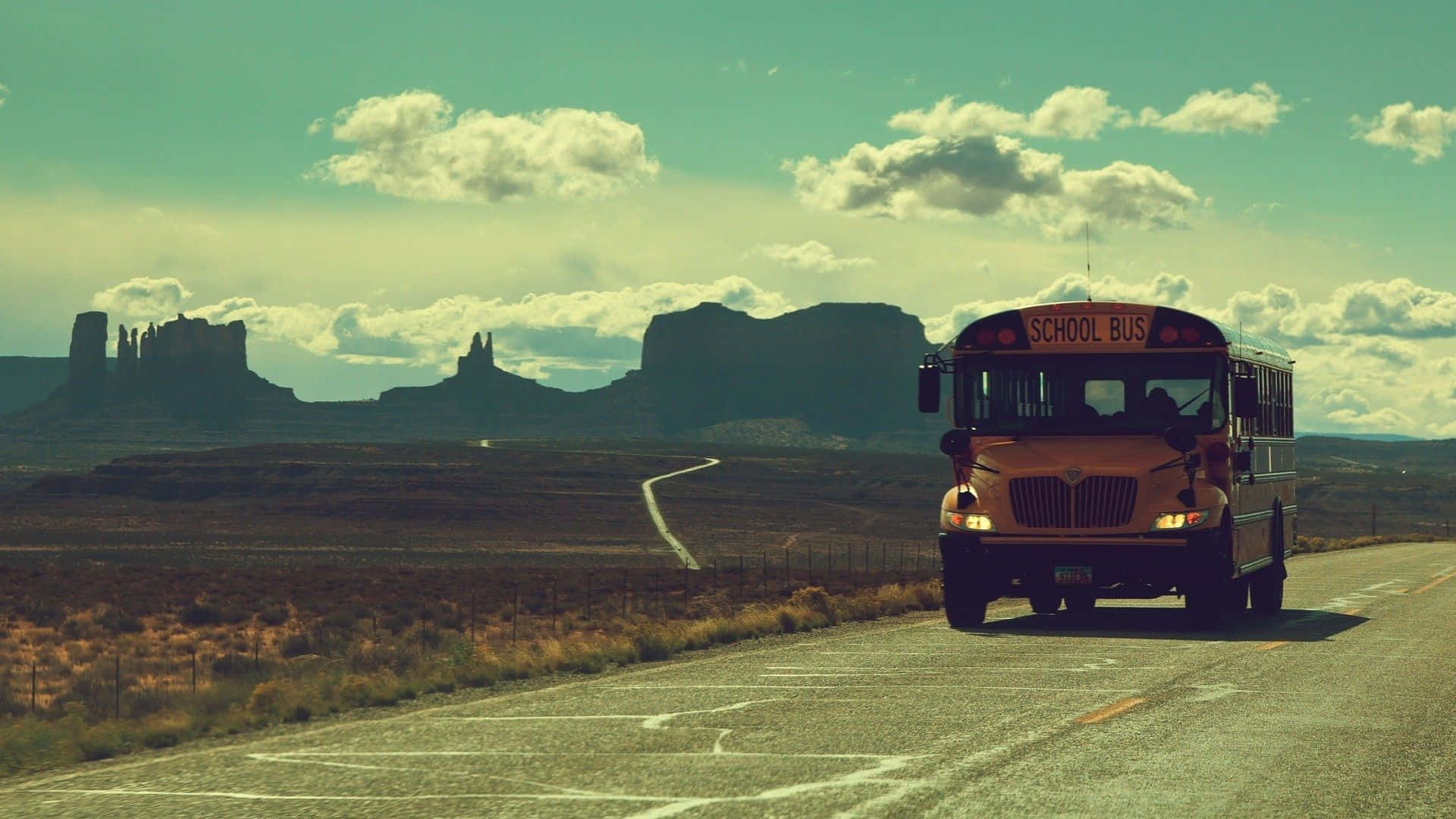 Vintage Desktop, yellow school bus, desert highway, Full HD Desktop Wallpaper