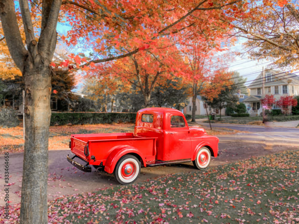 vintage red pickup truck, vibrant autumn tree, fallen leaves, SD Desktop Wallpaper