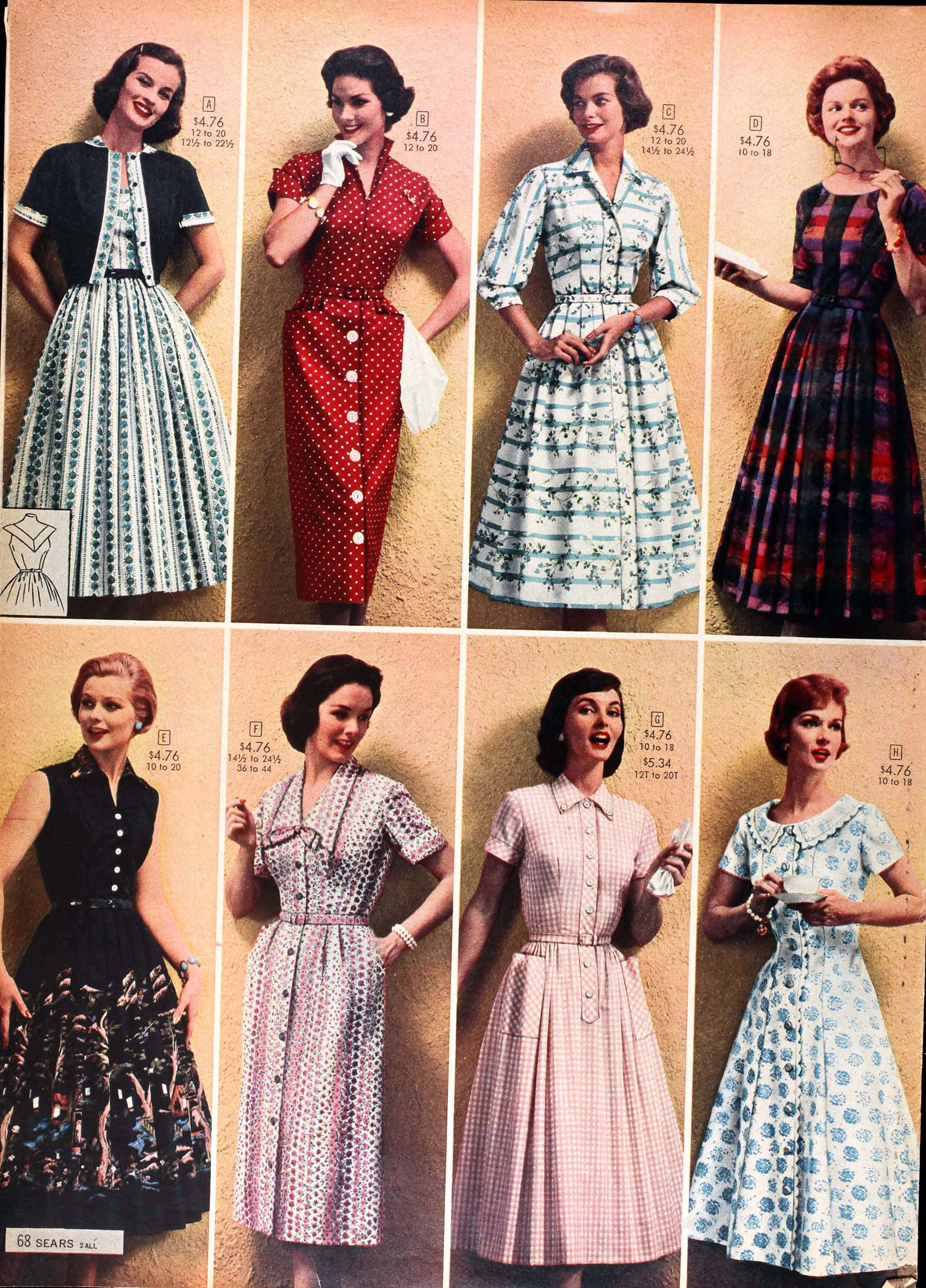 1950s Sears catalog page, eight women, stylish patterned dresses, 2K Phone Wallpaper