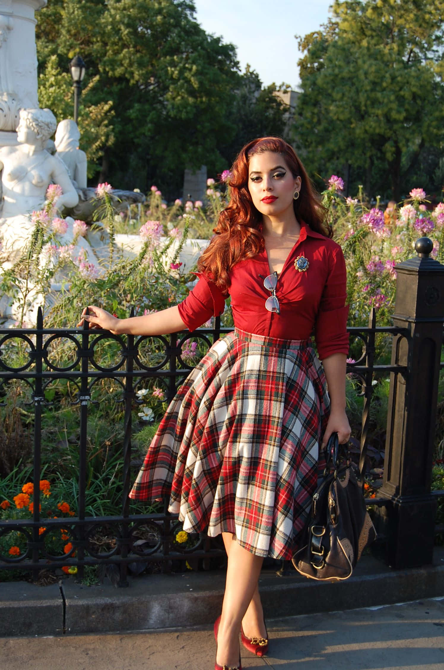 red blouse, plaid skirt, black iron fence, Full HD Phone Wallpaper