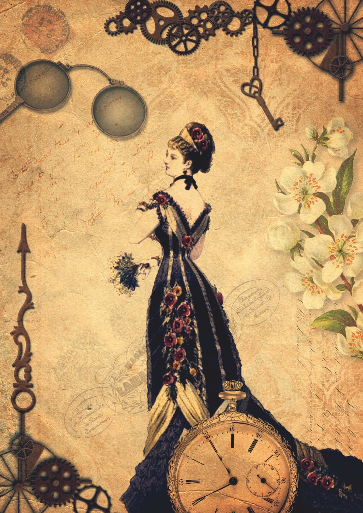 floral gown, steampunk gears, clocks, HD Phone Wallpaper