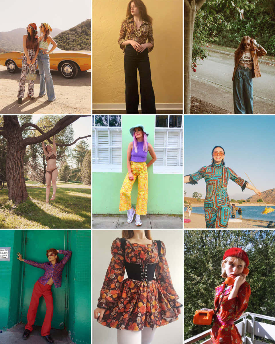 70s retro outfits, colorful, vibrant backdrops, SD Phone Wallpaper