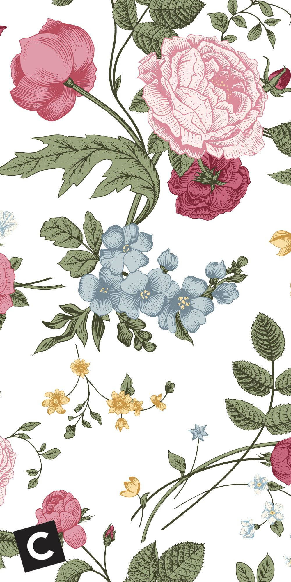 vintage floral iPhone, pink roses, blue blossoms, Full HD Phone Wallpaper