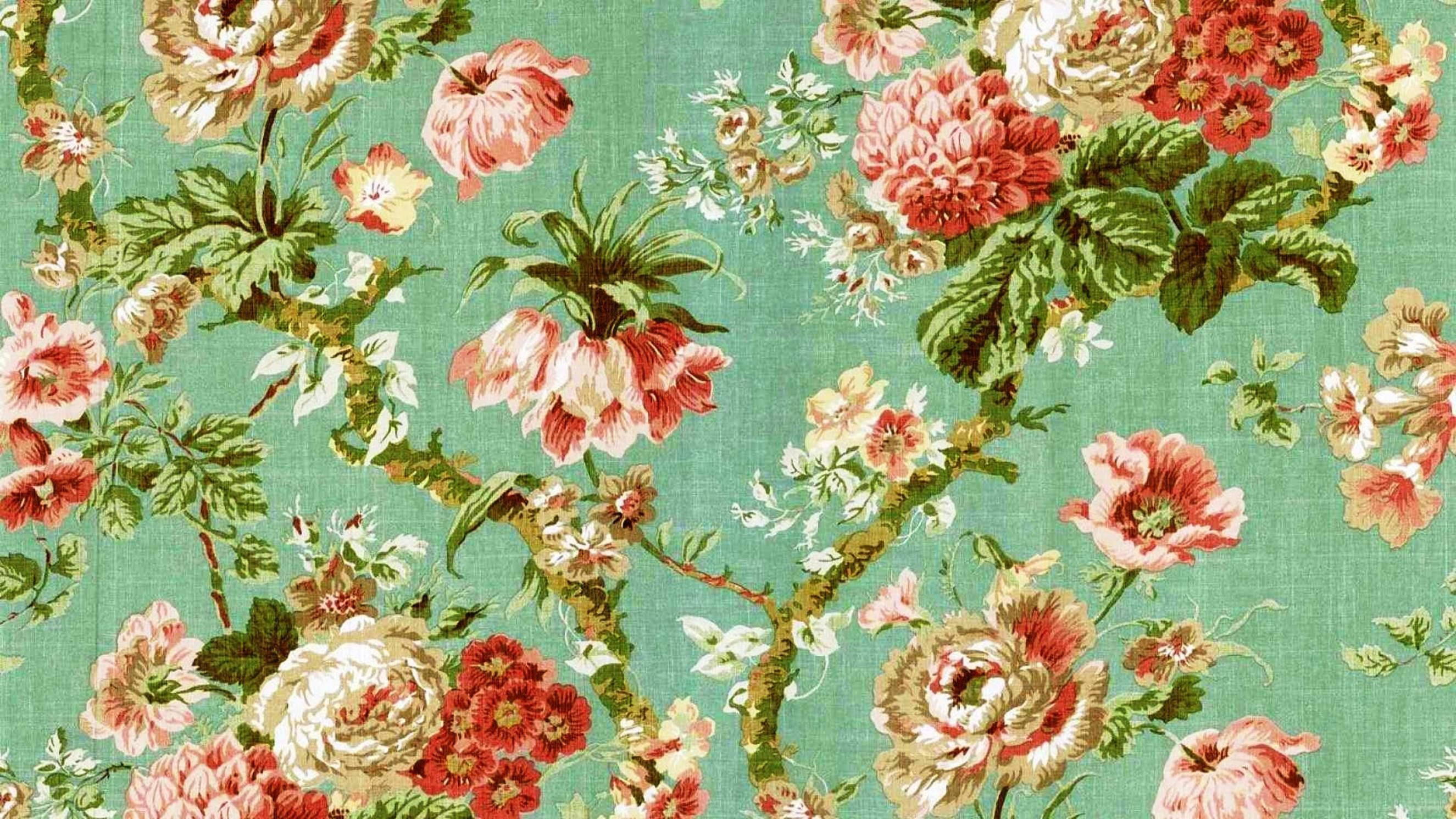 red and green vintage floral desktop, pink red and white blossoms, teal fabric background, 2K Desktop Wallpaper