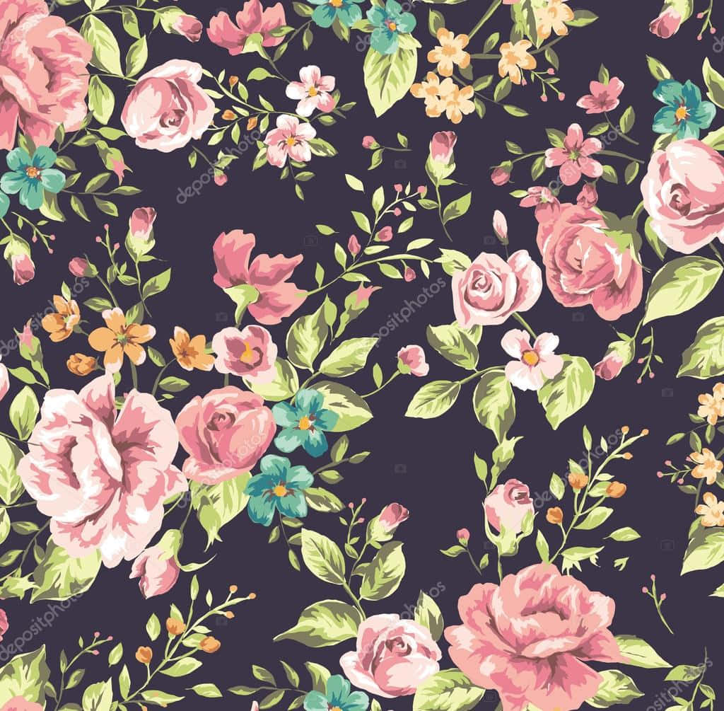Vintage Flower, pink roses, teal blossoms, SD Desktop Wallpaper