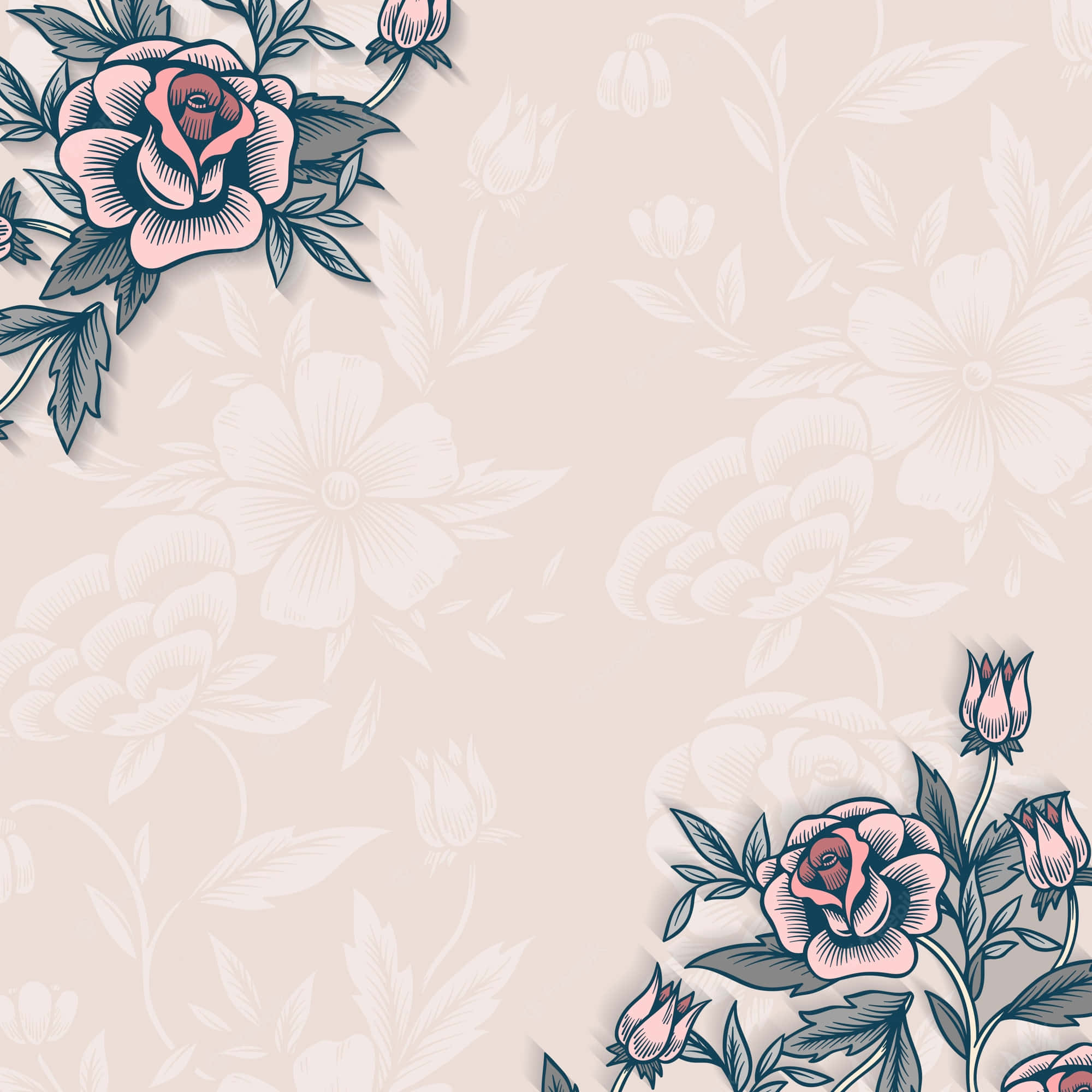 Vintage Flower, pink roses, teal leaves, Full HD Desktop Wallpaper