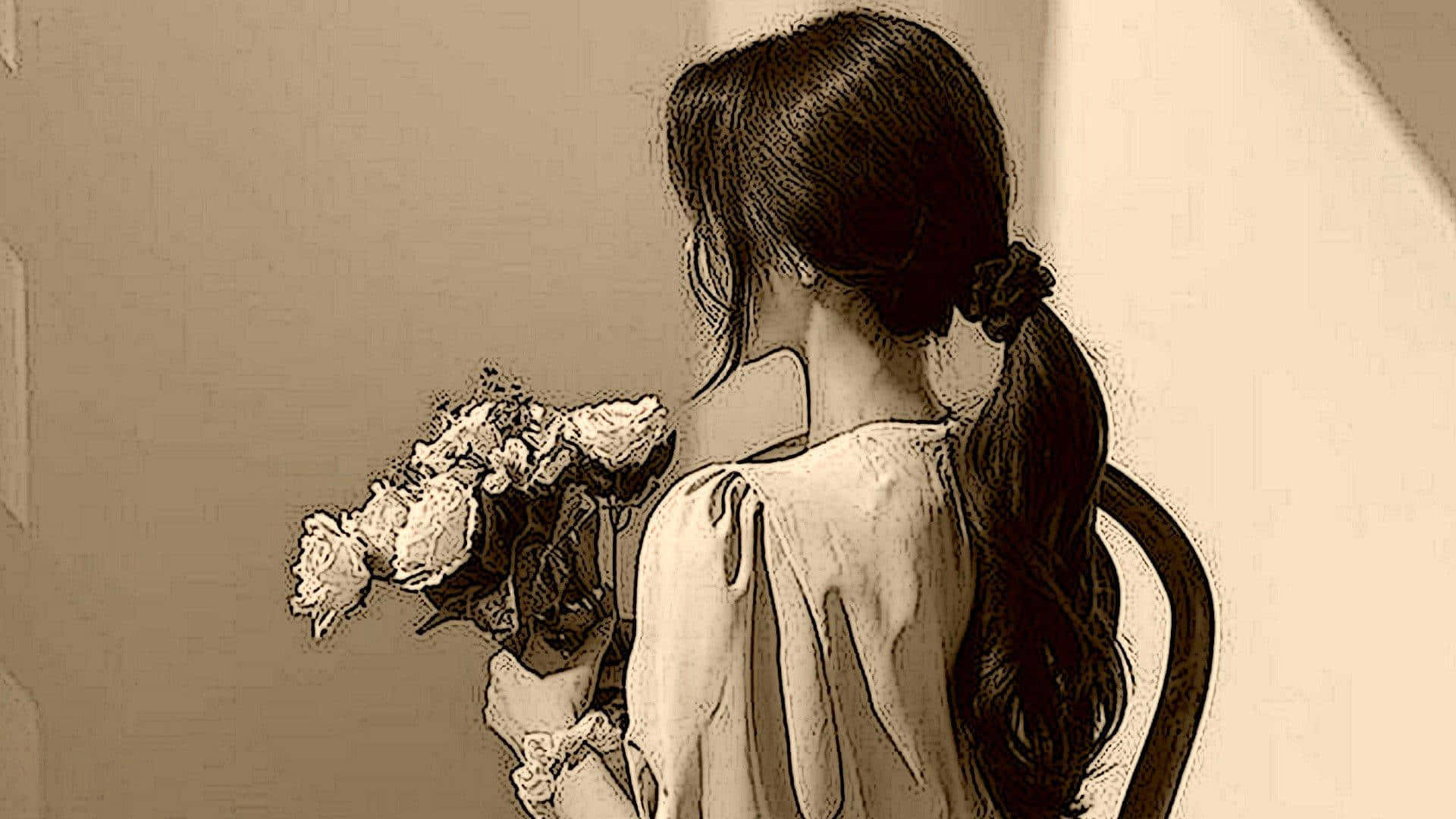 vintage girl aesthetic, long dark hair, bouquet of roses, Full HD Desktop Wallpaper
